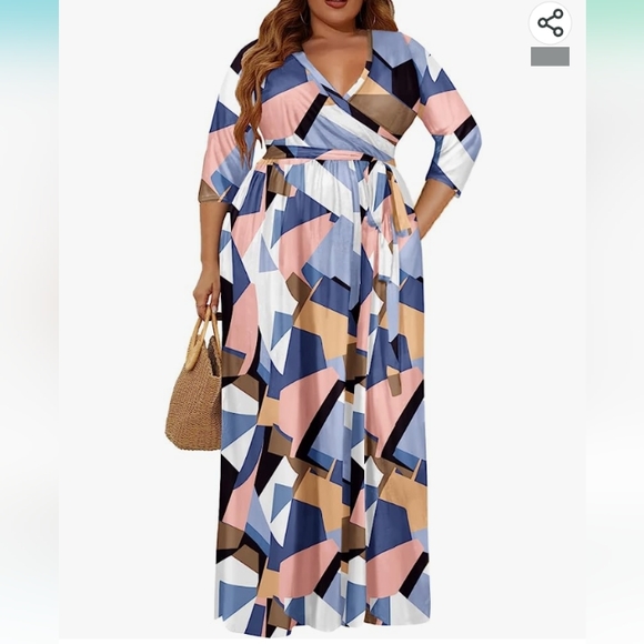 Milloud Plus Size Maxi Dress – 3/4 Sleeve V-Neck Floral Dress With Belt & Pockets (2XL-6XL)